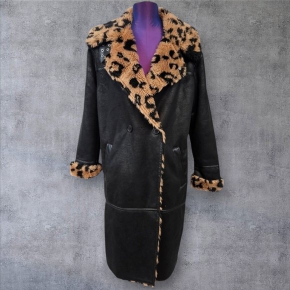 Avec Les Filles Crackle‎ Faux Suede Animal Print Sherpa Midi Coat Size Medium - Picture 1 of 11